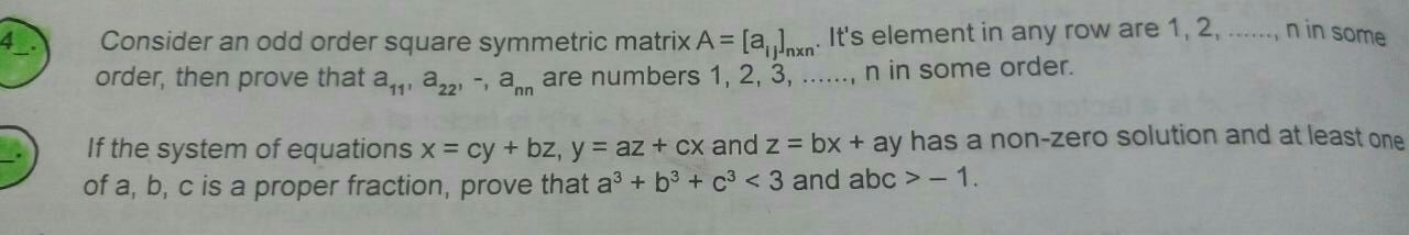Question image for if the system of equation x= cy+bz,y=az+cx,z=bx+ay